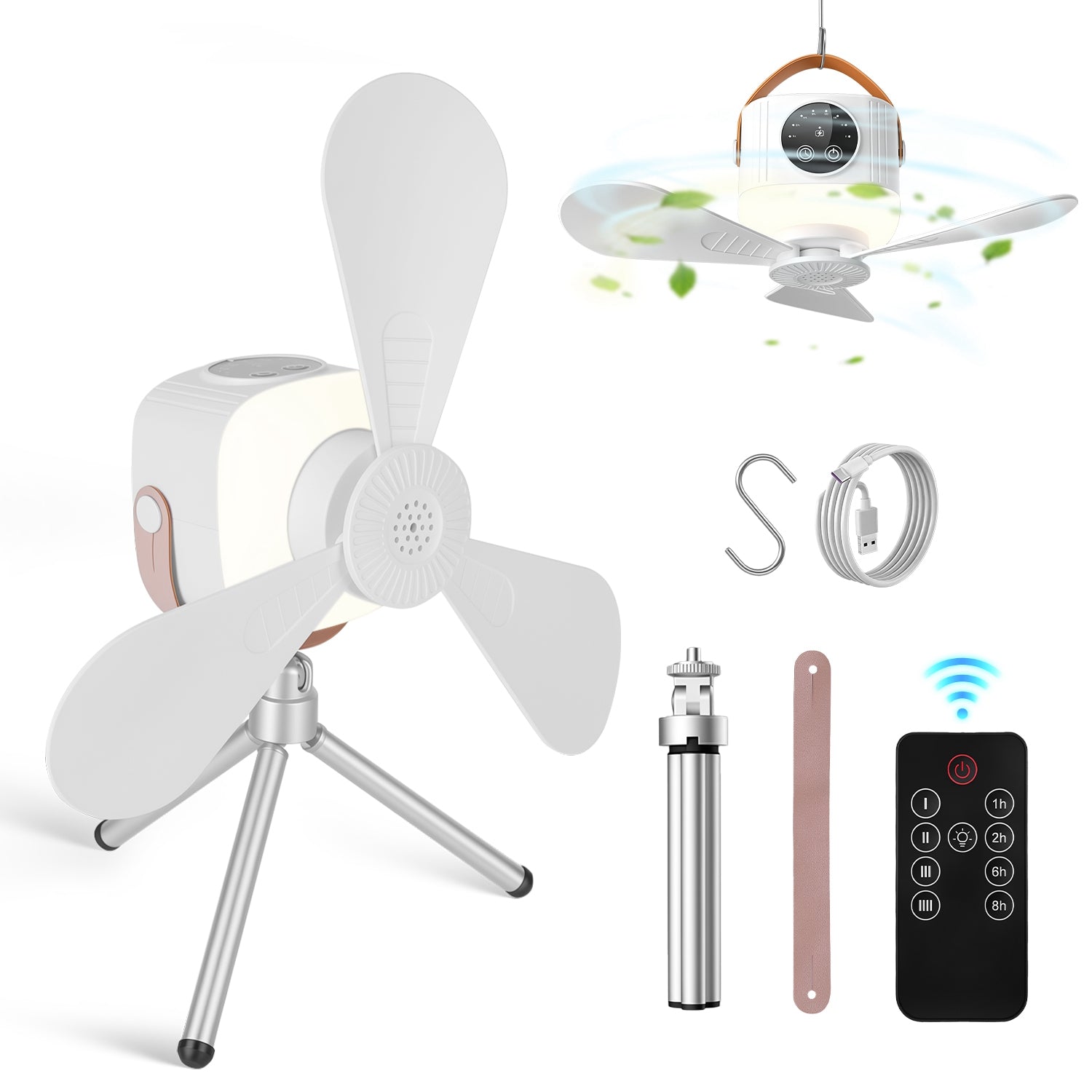Rechargeable Tent Ceiling Fan with LED Light & Remote Control – 7200mAh