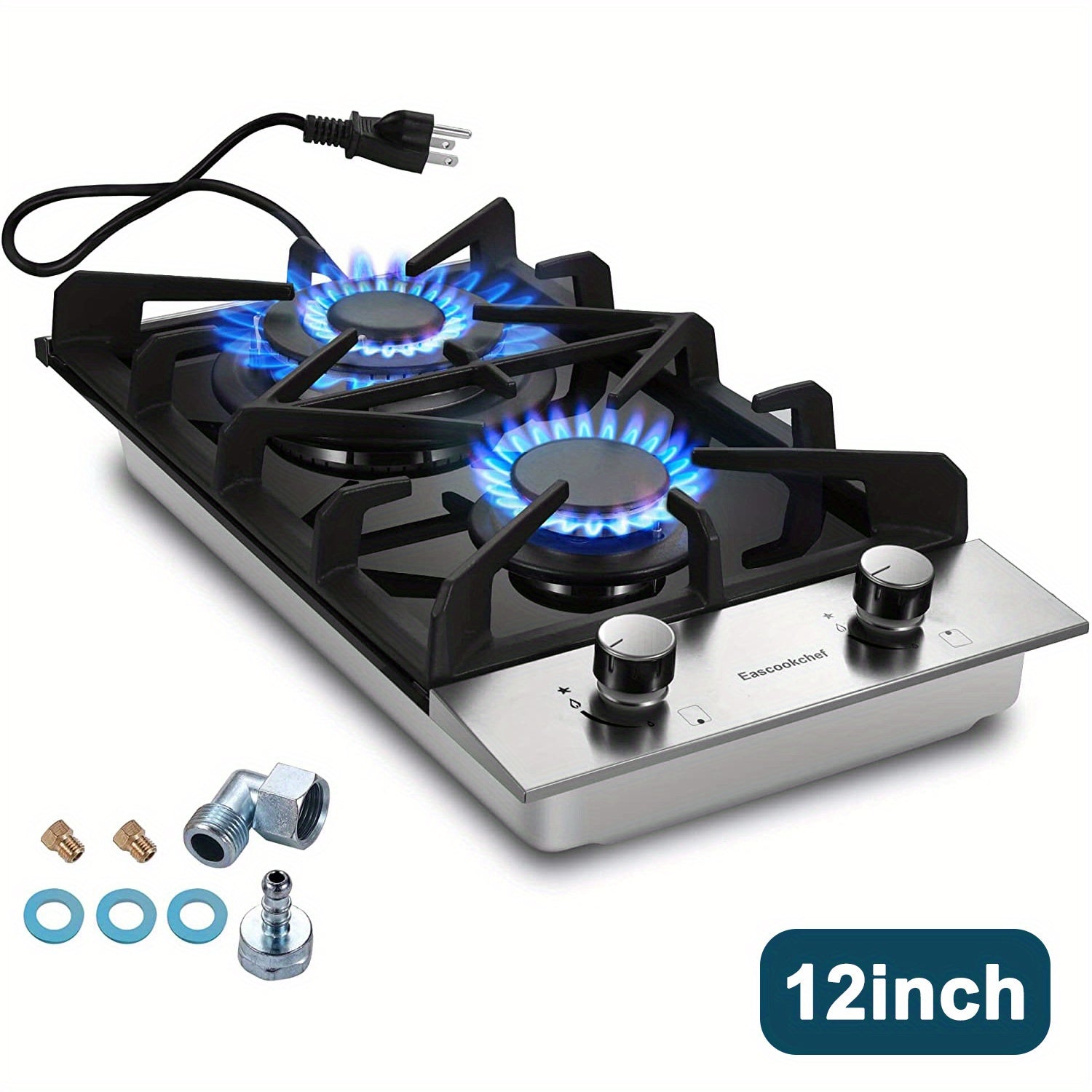 12" 2-Burner Gas Cooktop – LPG/NG Dual Fuel, Tempered Glass, Thermocouple Safety
