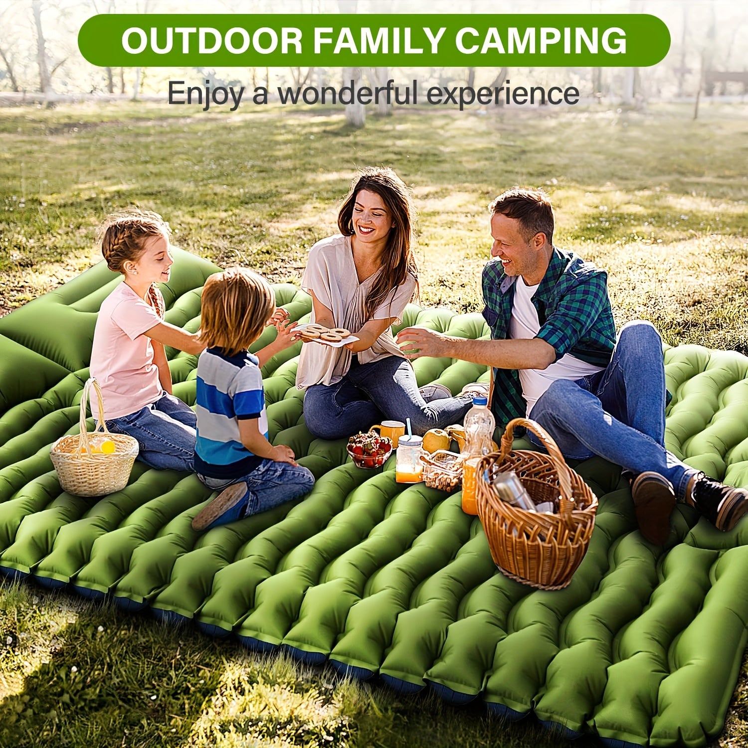 Extra-Thick Double Sleeping Pad – 4" Self-Inflating with Pillows & Foot Pump
