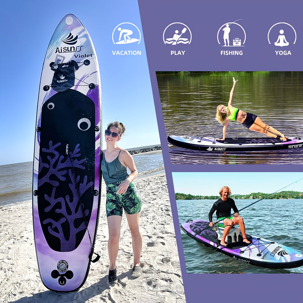 AISUNSS Inflatable SUP Paddle Board – Wide Adult Board with Accessories, Purple & Blue
