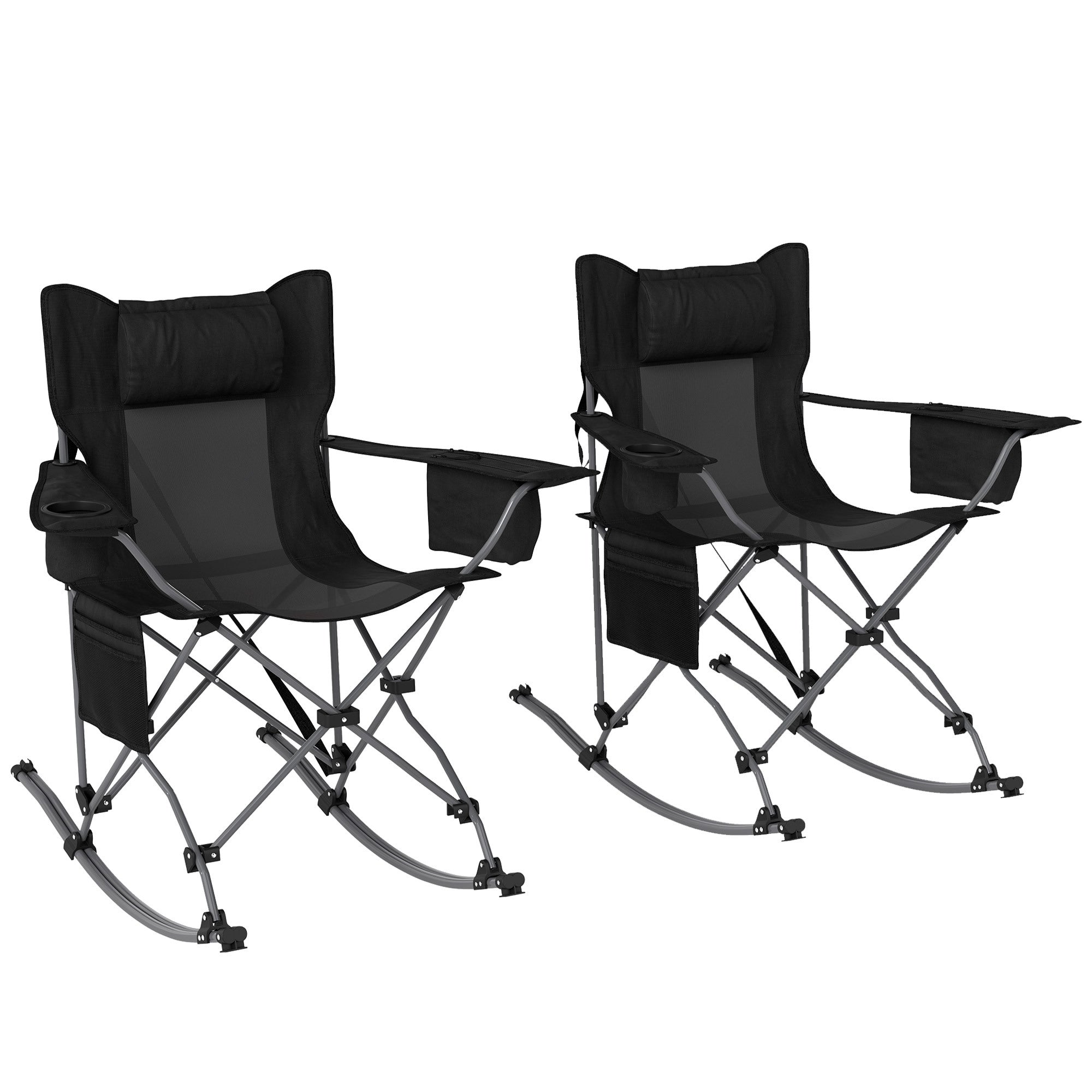 Folding Rocking Camping Chairs – 2 Pack with Headrest, Cooler & Cup Holder