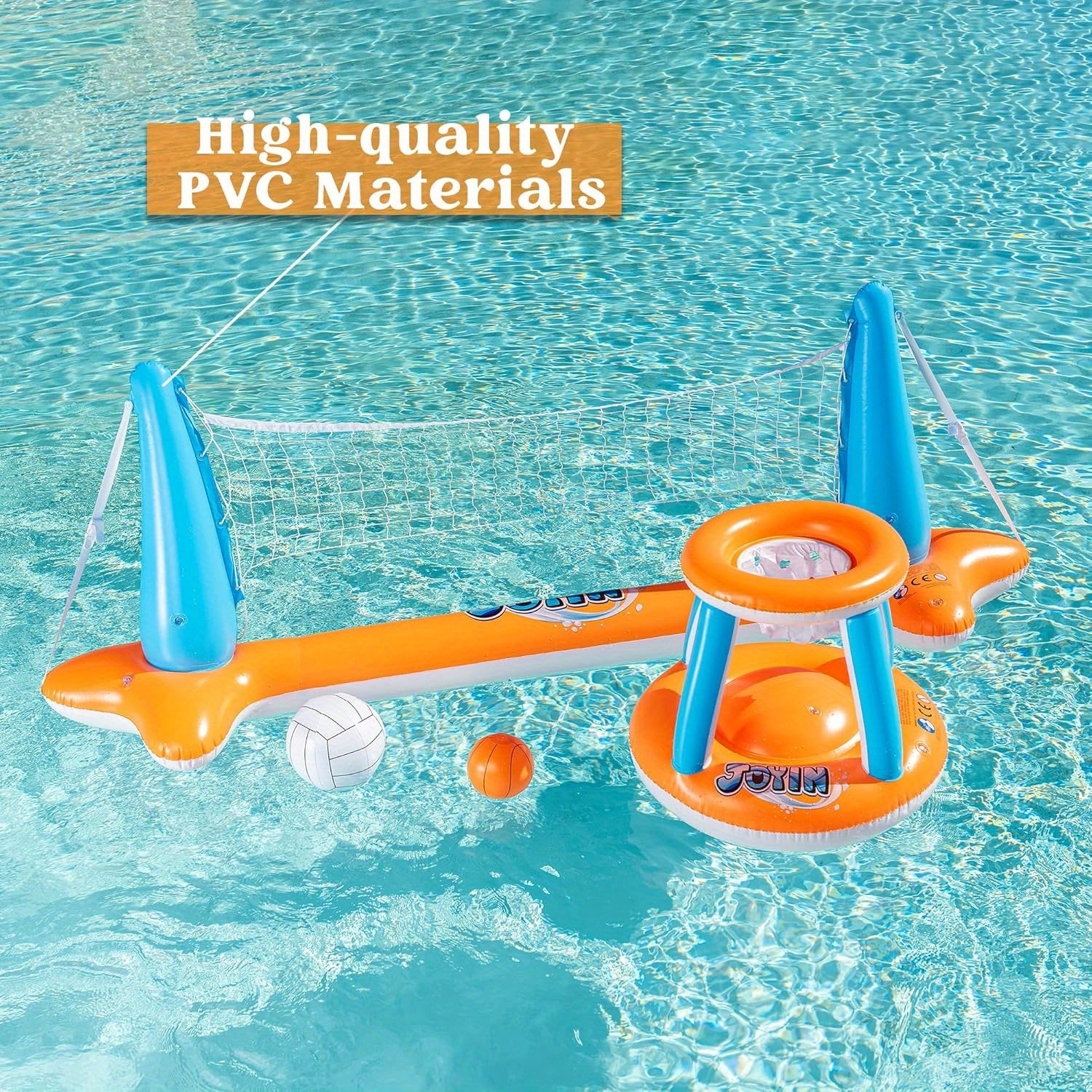 SYNCFUN Inflatable Pool Float – Volleyball Net & Basketball Hoops, L-Orange