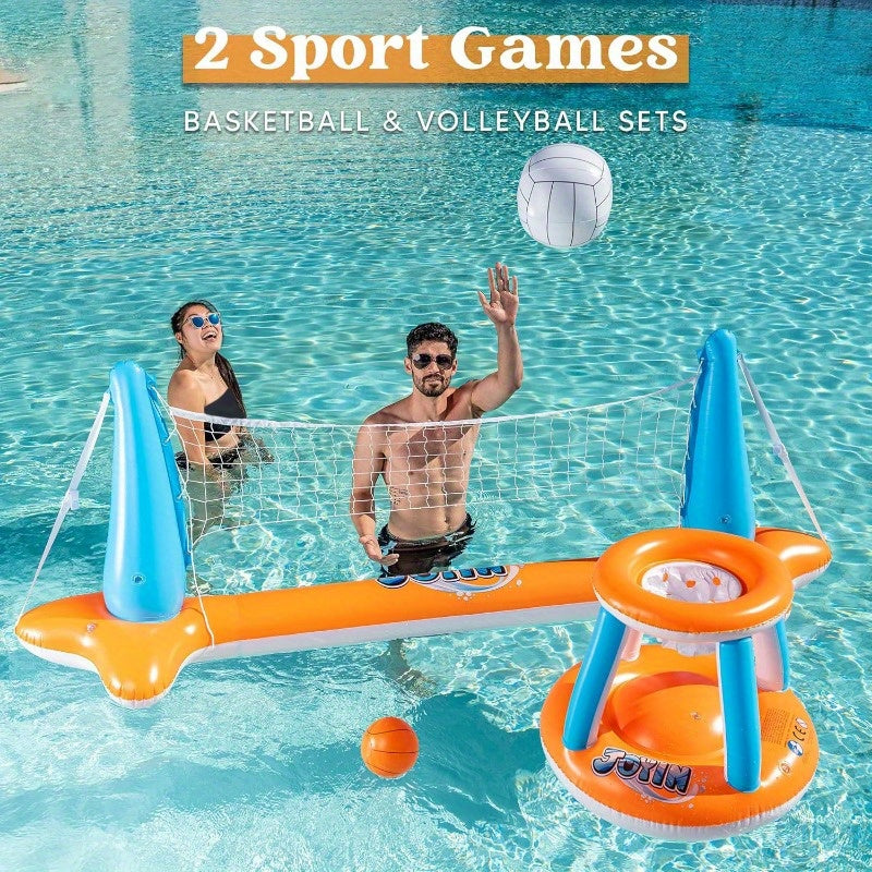 SYNCFUN Inflatable Pool Float – Volleyball Net & Basketball Hoops, L-Orange