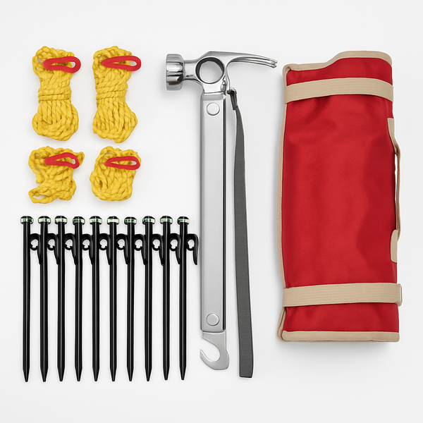 Tent Stakes & Camping Hammer Set – 10 Steel Pegs, 4 Reflective Ropes