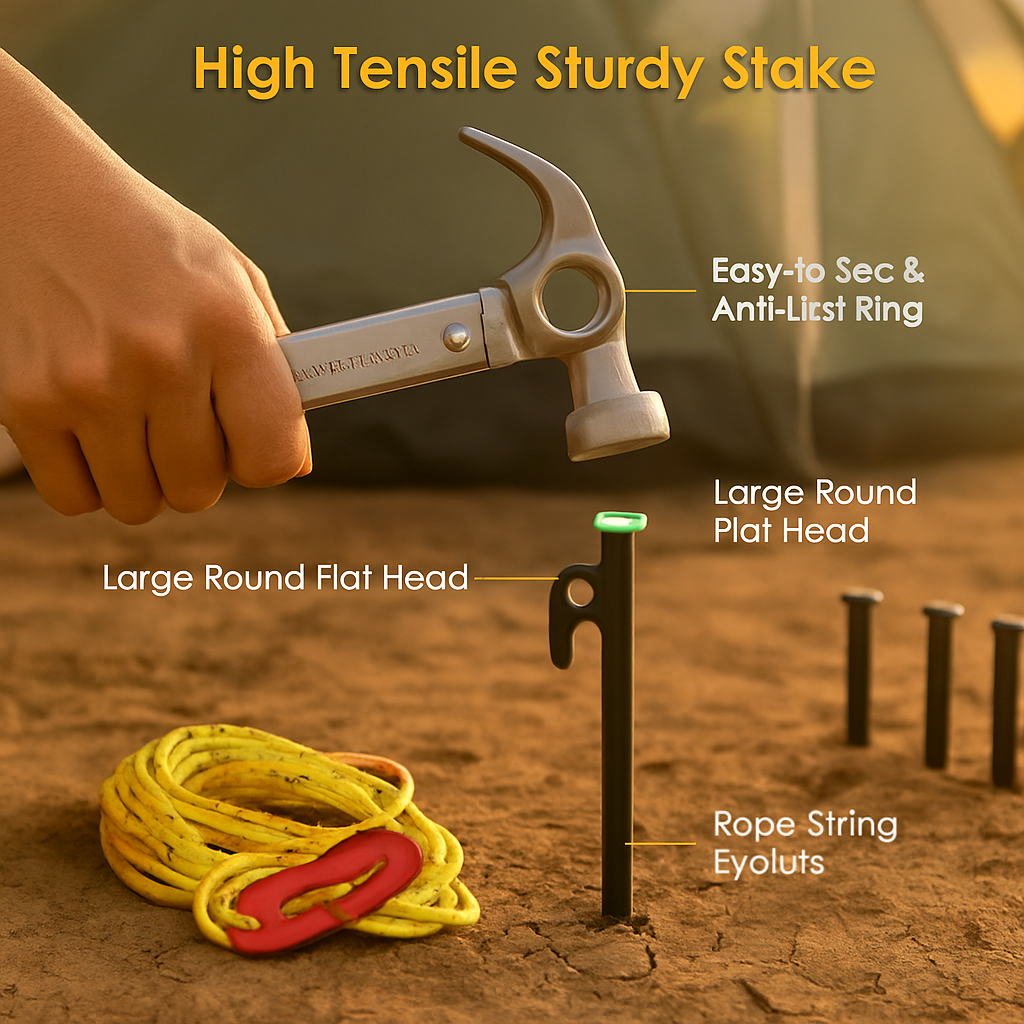 Tent Stakes & Camping Hammer Set – 10 Steel Pegs, 4 Reflective Ropes