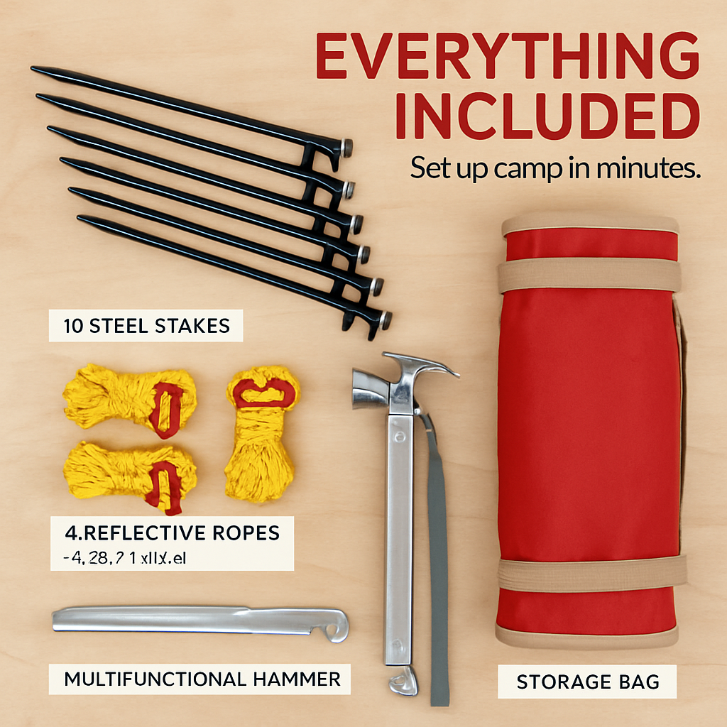 Tent Stakes & Camping Hammer Set – 10 Steel Pegs, 4 Reflective Ropes