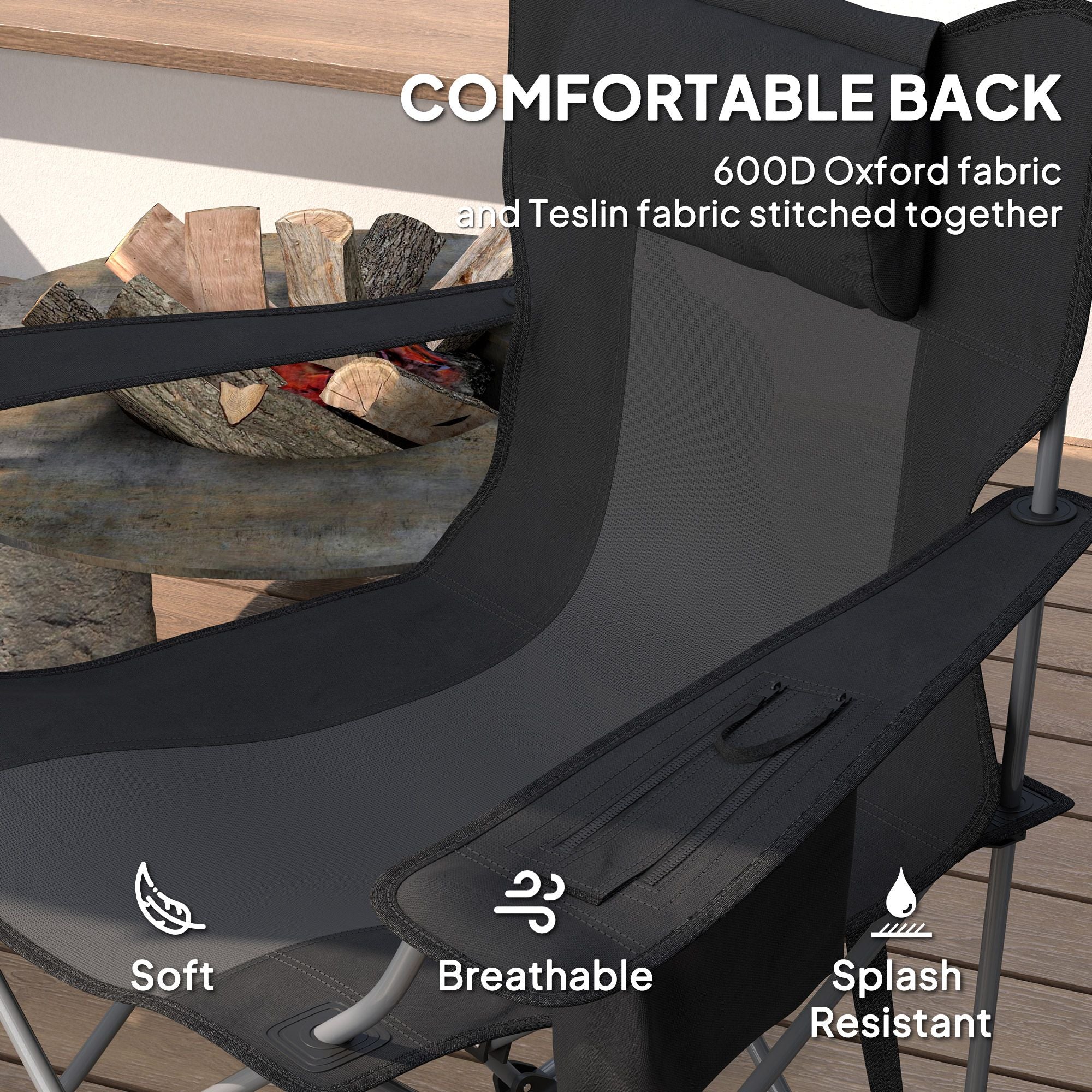 Outsunny Portable Outdoor Folding Rocking Camping Chairs with Headrest, Cooler Bag, Cup Holder, Carry Bag, 2 Pack, Black