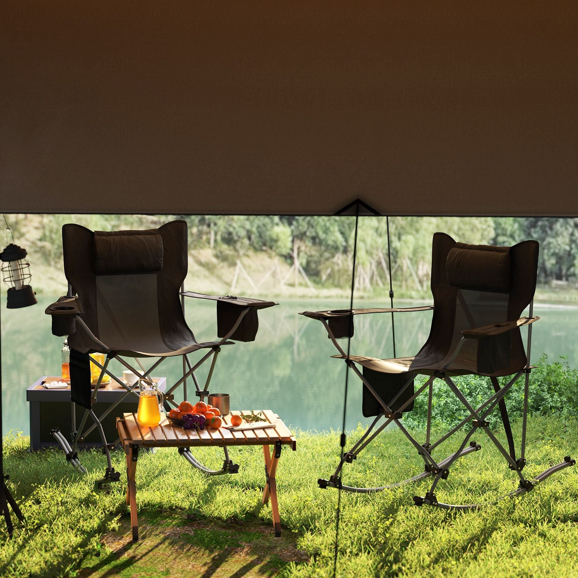 Outsunny Portable Outdoor Folding Rocking Camping Chairs with Headrest, Cooler Bag, Cup Holder, Carry Bag, 2 Pack, Black