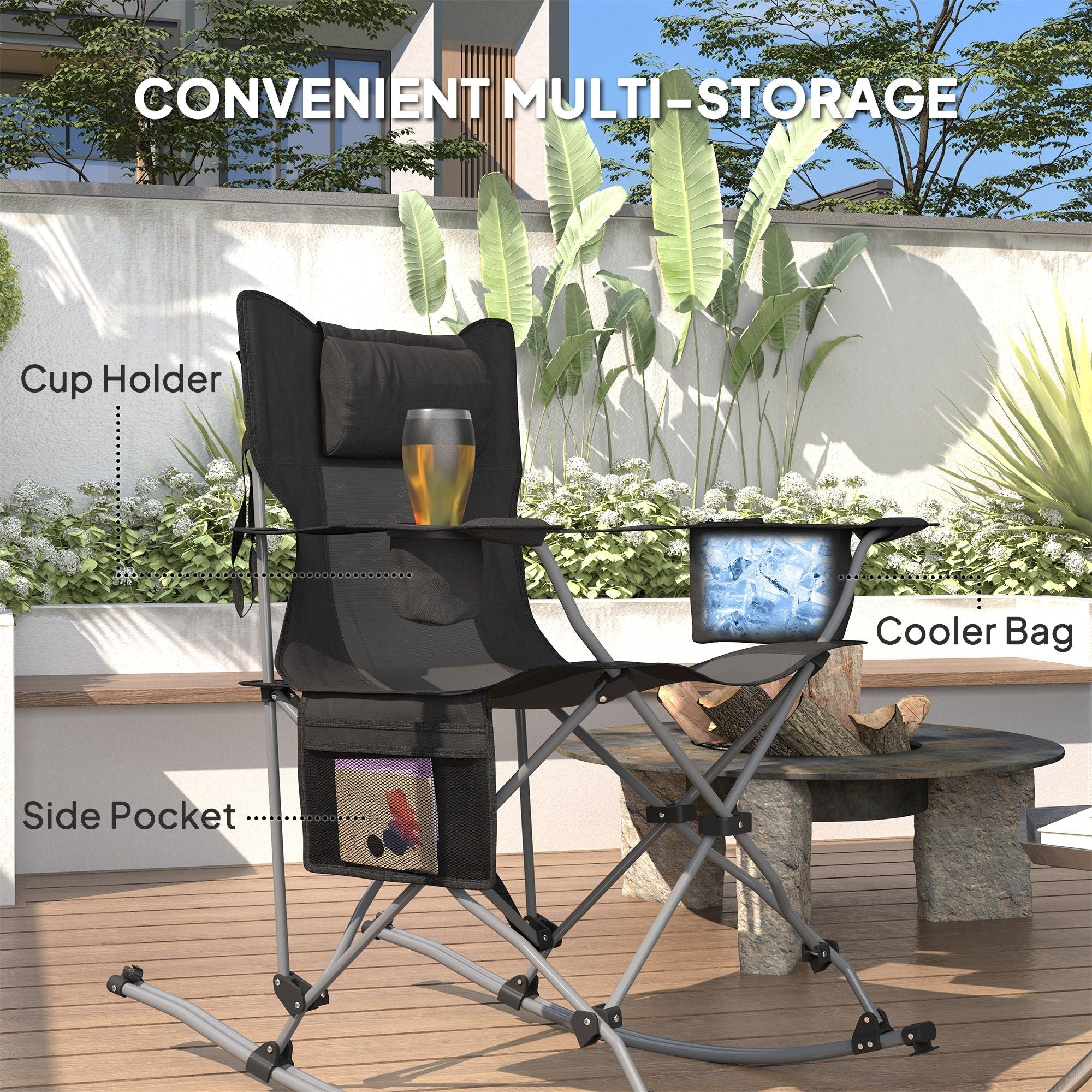 Outsunny Portable Outdoor Folding Rocking Camping Chairs with Headrest, Cooler Bag, Cup Holder, Carry Bag, 2 Pack, Black