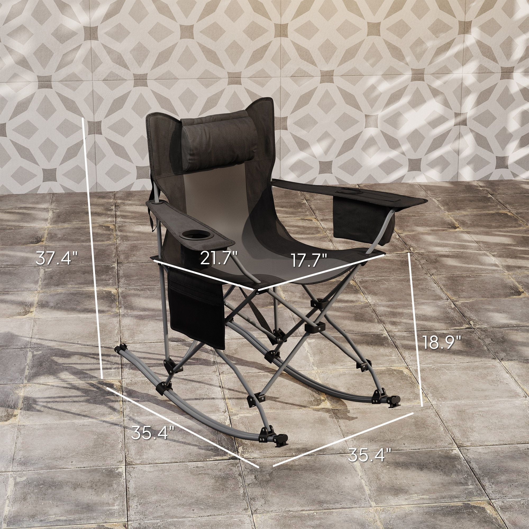 Outsunny Portable Outdoor Folding Rocking Camping Chairs with Headrest, Cooler Bag, Cup Holder, Carry Bag, 2 Pack, Black