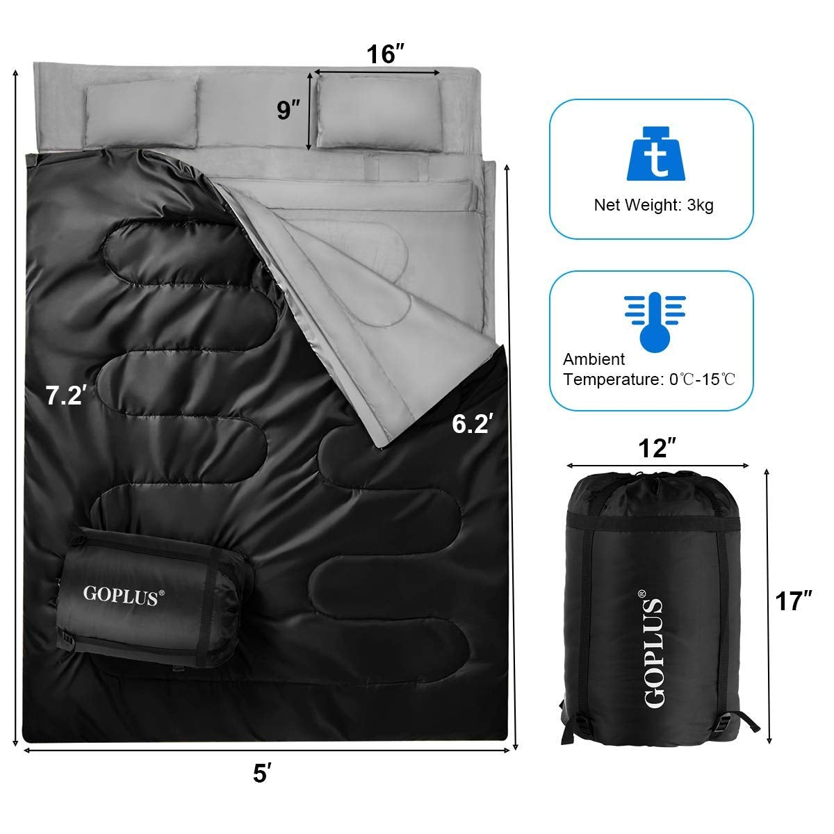 2-Person Waterproof Sleeping Bag with Pillows – 32°F Rated, Splits into 2